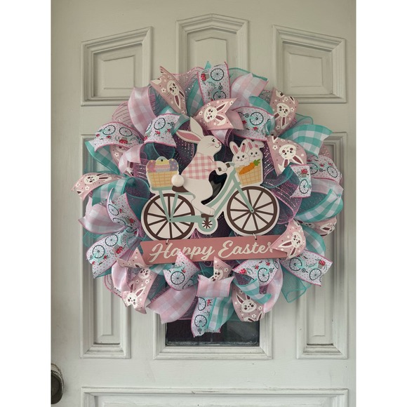 Happy Easter Bunny Rabbit Bicycle Deco Mesh Ribbon Spring Wreath Door Hanger - Picture 1 of 9